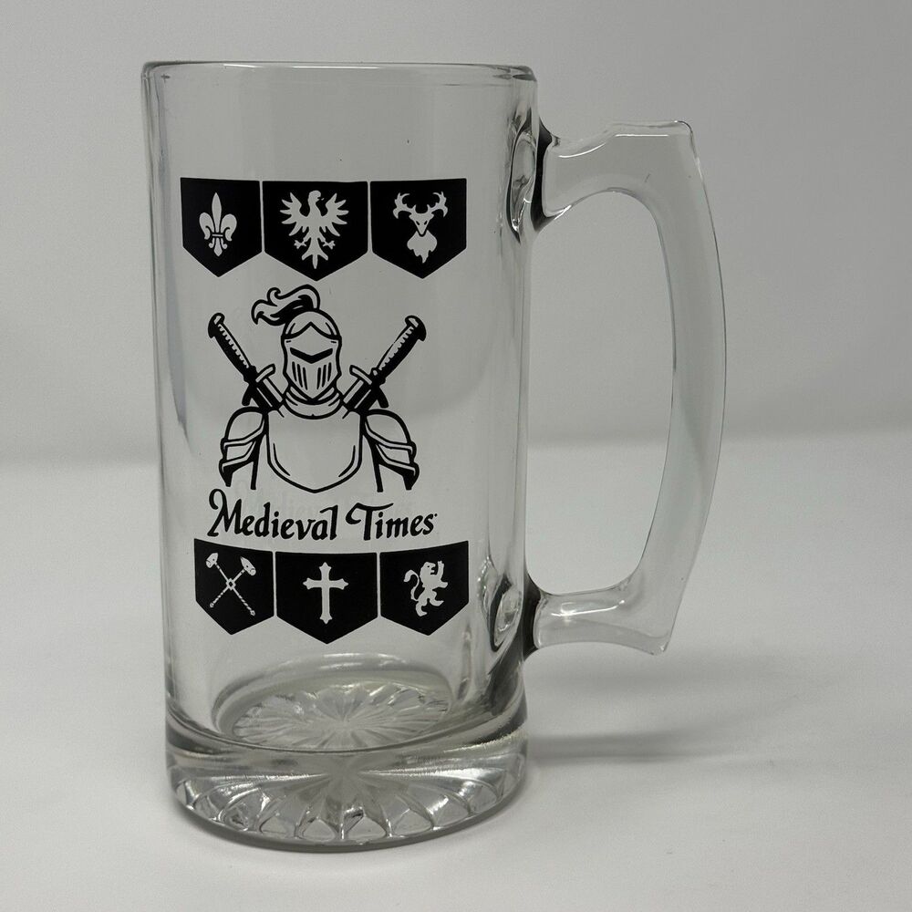 MEDIEVAL TIMES Souvenir HEAVY Glass Royalty Heraldry Beer Stein Mug  24OZ